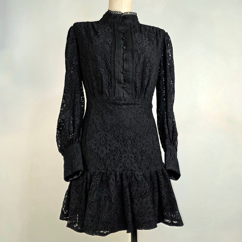 Bardot Talina Lace Mini Dress Black Gothic Romantic Ruffle Hem Sz 10 Puff Sleeve